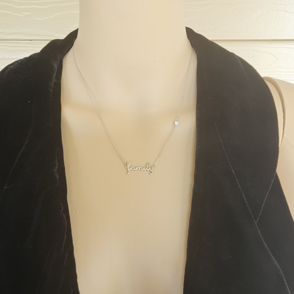 925 Sterling Silver Necklace "Family" & Clear Rhinestone Dainty Minimalist - Picture 2 of 7